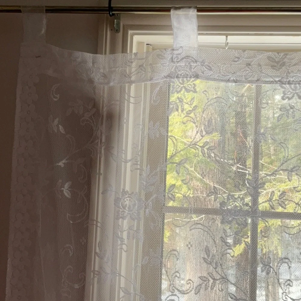 Elegant White Lace Curtain Panels Floral, Scalloped Bottom - 74” x 56” -Set of 3
